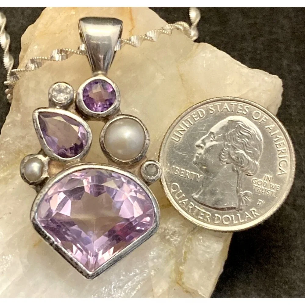 Vintage‎ STARBORN Amethyst Pearl Pendant Sterling Silver 16'' Necklace Abstract